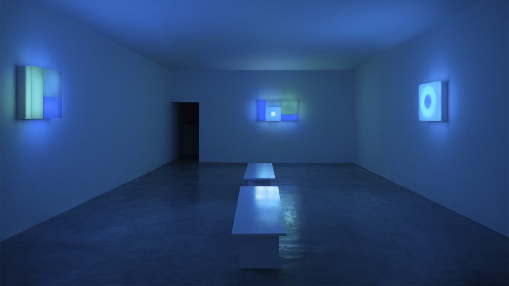 Blue Room with Light-Based Digital Art Installations at Radical Optimism