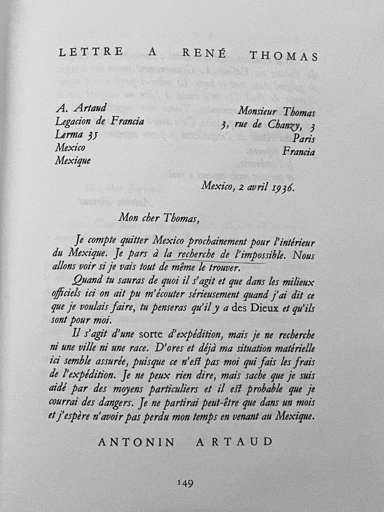 Página impresa en francés con el encabezado «Lettre à René Thomas» y la firma de Antonin Artaud al final.