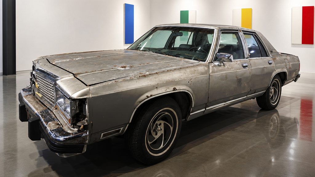 A silver vintage car, rusty and dented, on display in a gallery in front of geometric paintings in blue, green, yellow, and red.