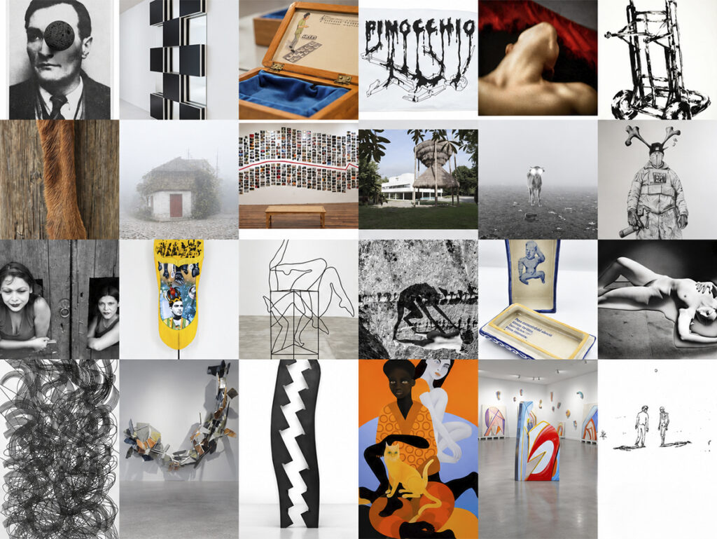 Mosaico de obras de la exposición En busca de lo imposible, con retratos, esculturas, dibujos, pinturas e instalaciones.