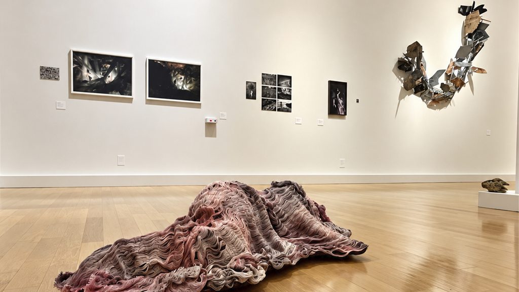 Sala de exposición con una pieza textil rosada sobre el piso, fotografías en las paredes y una escultura suspendida.