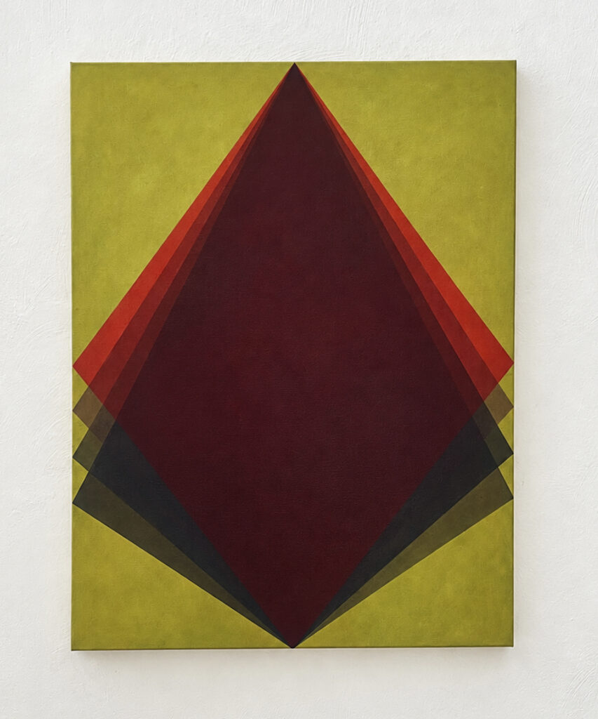 A geometric painting featuring overlapping planes in red, black, and green on a greenish-yellow background.
