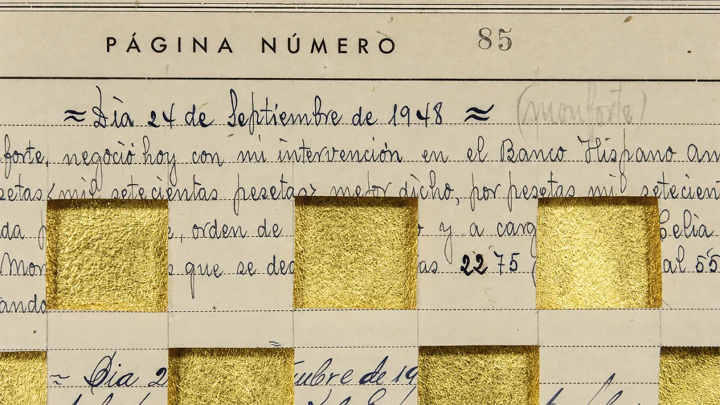 A work by Luisa Pastor created using handwritten accounting paper from 1925 and 22-karat gold leaf.