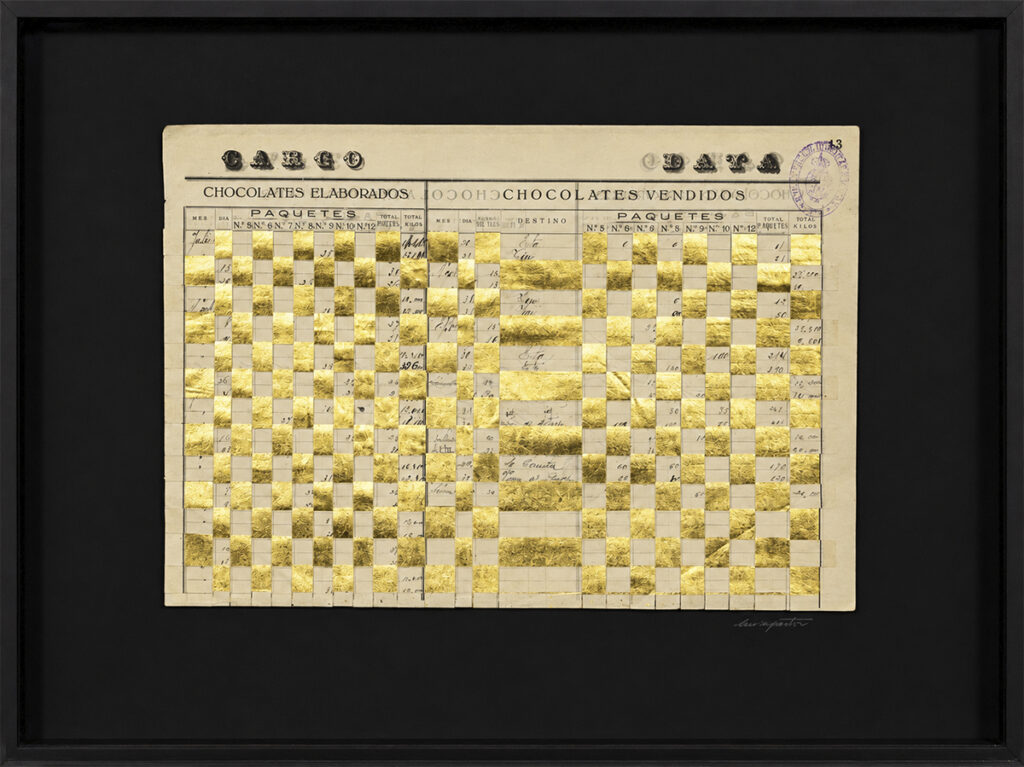 A work by Luisa Pastor created using handwritten accounting paper from 1925 and 22-karat gold leaf.