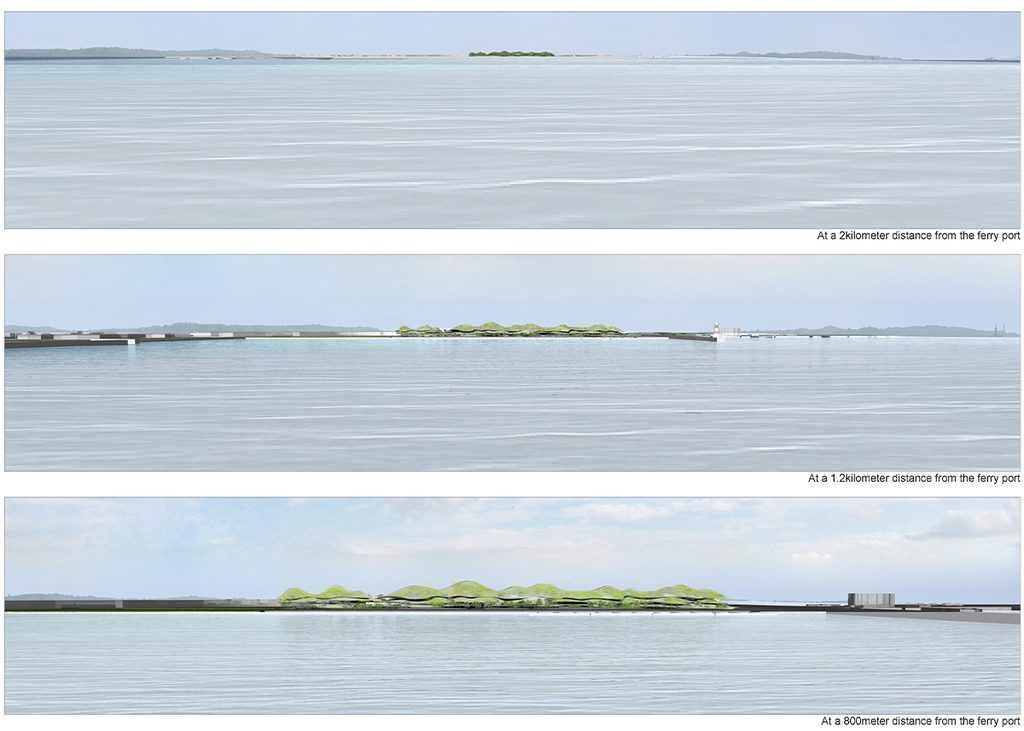 Three panoramic views of a low-rise building with an undulating green roof across the water.