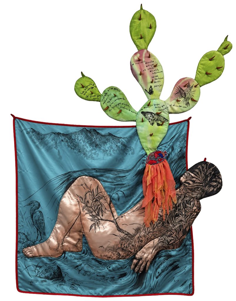 Composición con una figura humana recostada sobre un fondo turquesa y un nopal con palabras, mariposas y tiras de tela naranja.